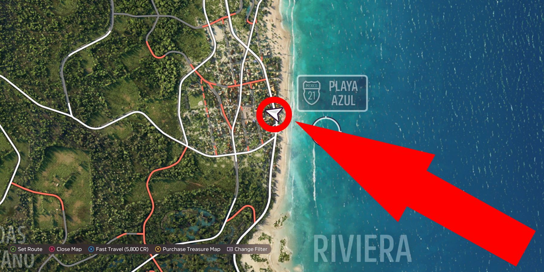 Rueda's Lion Mural location circled and arrow point at it in Forza Horizon 5